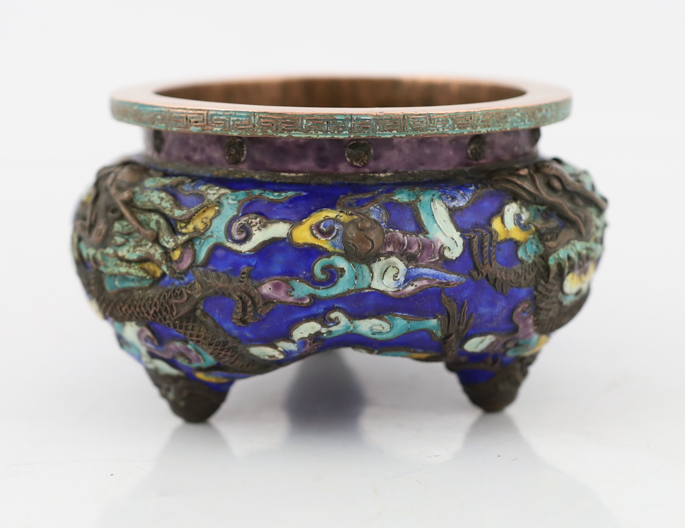 A rare Chinese champlevé enamel and copper repousse work ‘dragon’ censer, Xuande six character mark, 18th/19th century
